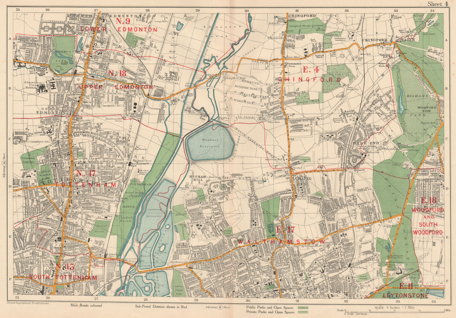 NE LONDON Chingford Walthamstow Edmonton Tottenham Woodford. BACON 1927 map